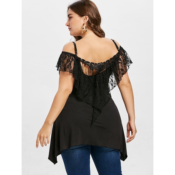Plus Size Black Lace Fringed Asymmetrical T-shirt - Picture 2 of 8